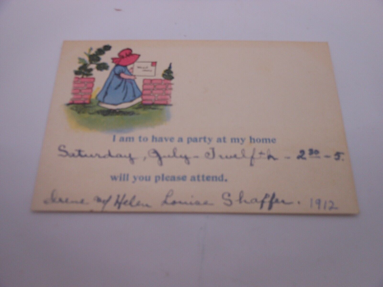 1912 Party Invitation (Cute Color Sun Bonnet Girl in Upper Right Corner)