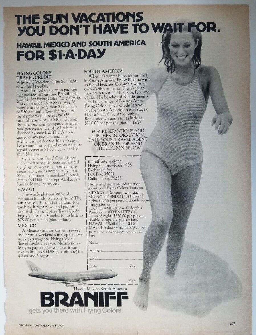 1977 Braniff Airlines get you there with flying colors woman swimsuit vintage ad