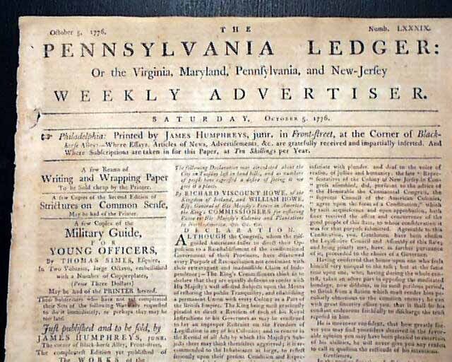 REVOLUTIONARY WAR Declaration of Independence Criticism 1776 Phila. Newspaper 