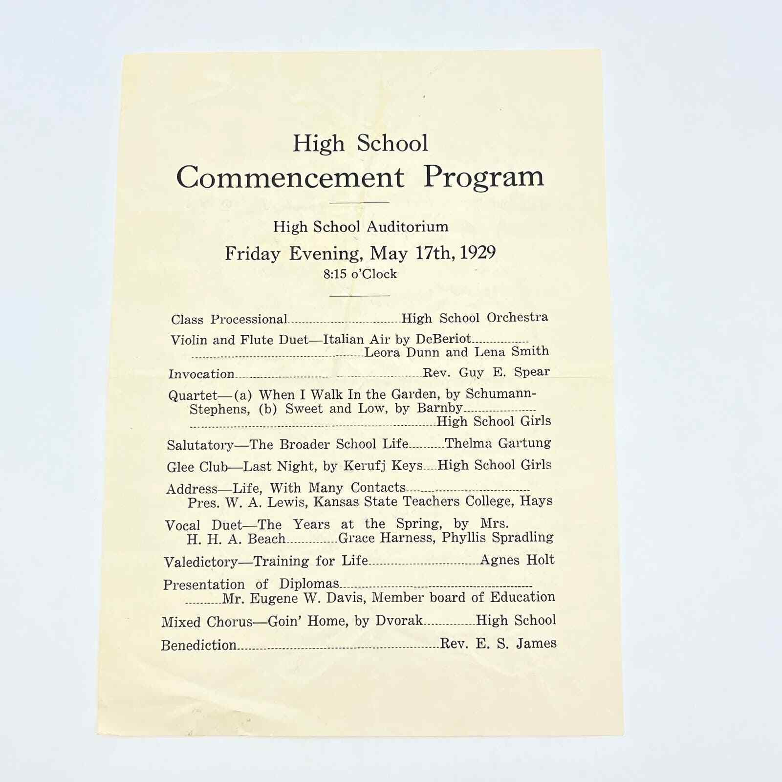 1929 High School Commencement Program Liberal KS AB8
