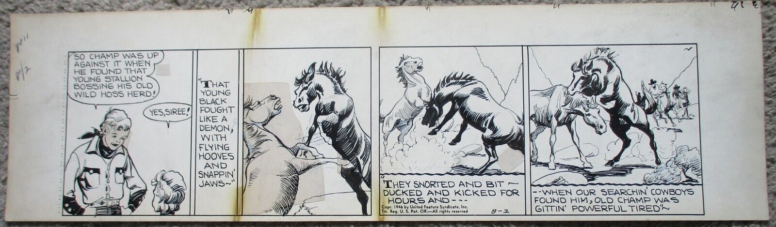 BRONCHO BILL Newspaper Daily Strip Original art 8/2/1946 HARRY O\'NEILL Western