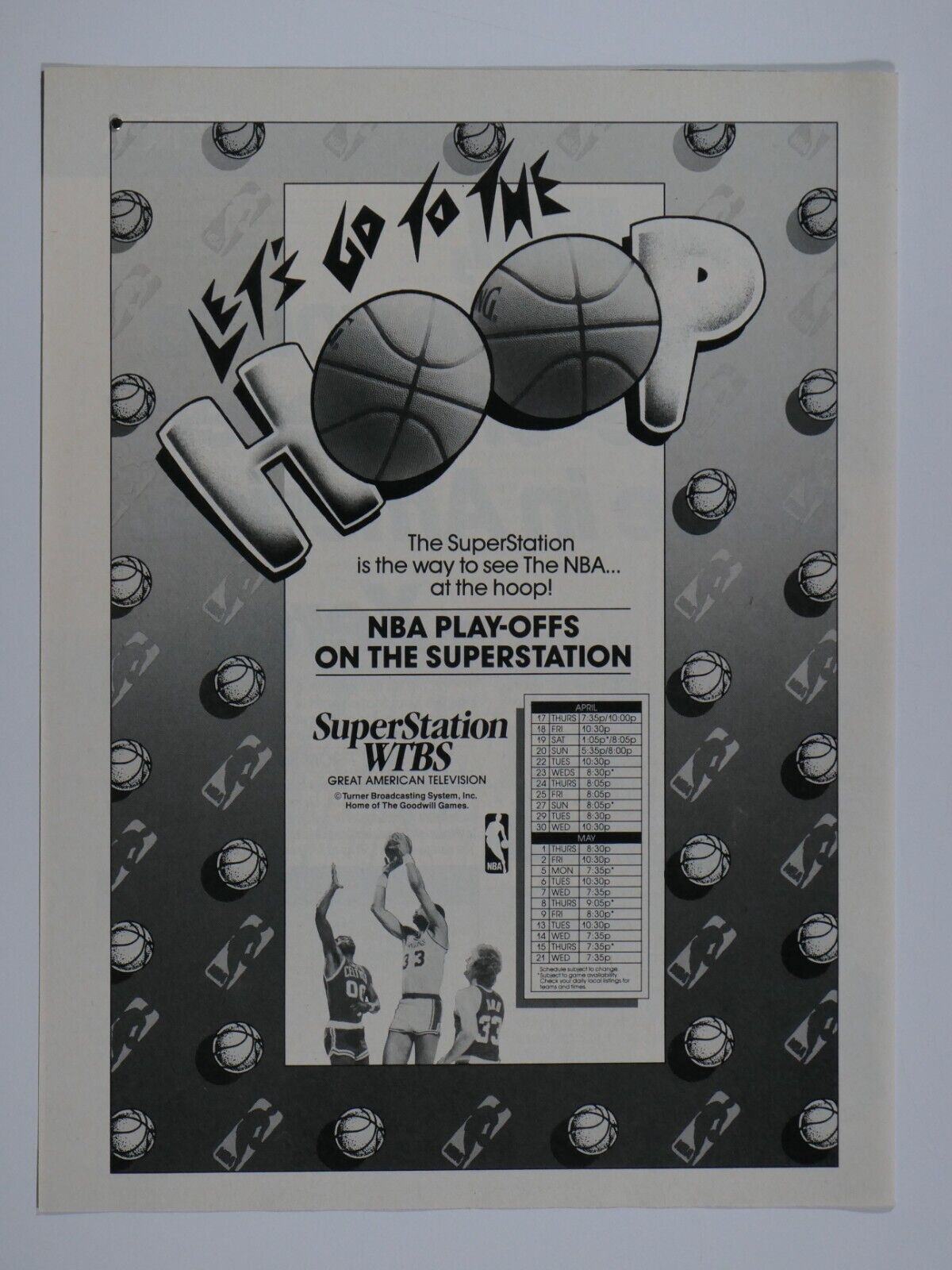 Kareem Jabbar Larry Bird Let\'s Go To The Hoop VTG 1986 WTBS Original Print Ad