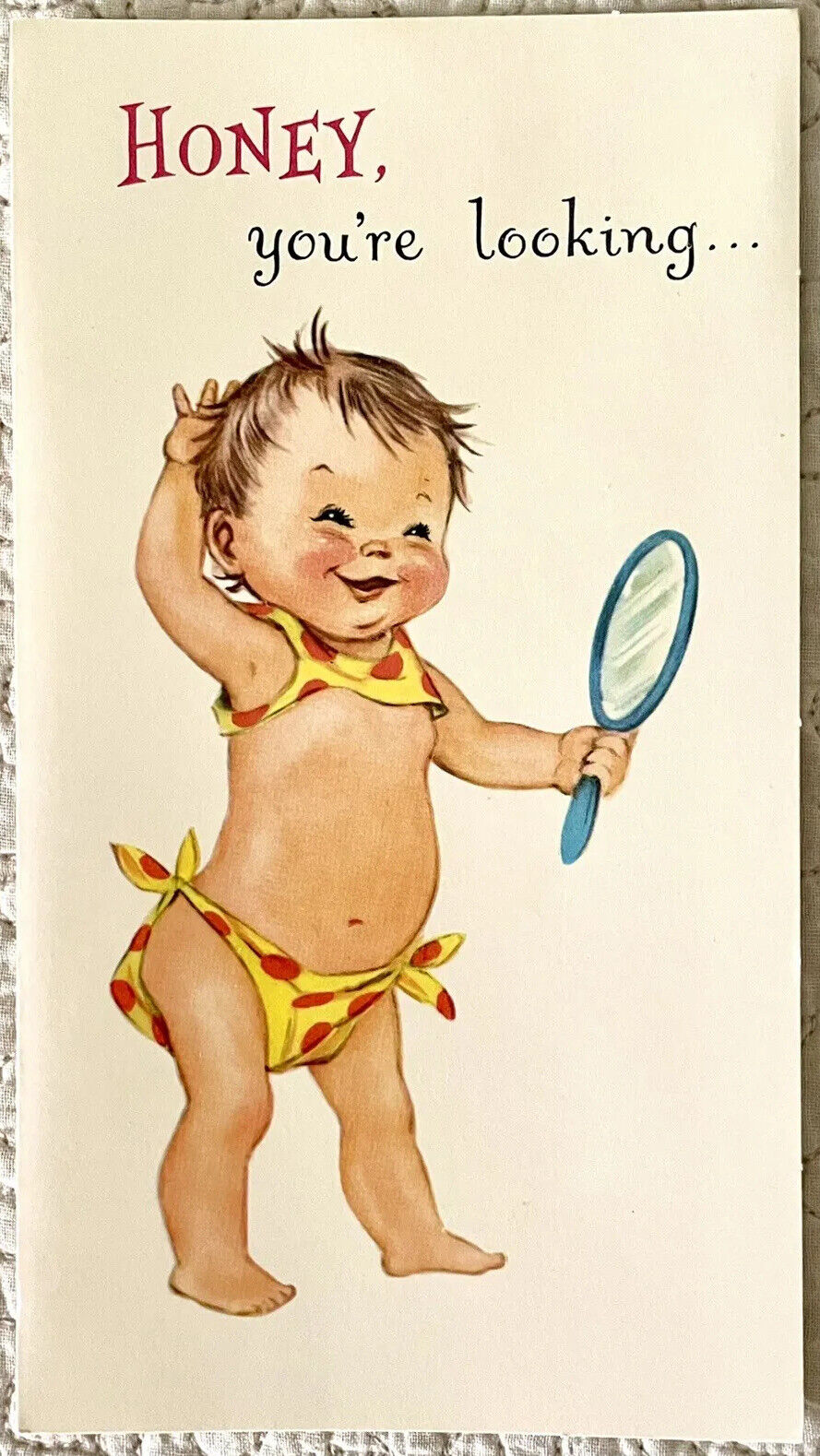Unused Birthday Cute Baby Being Adult Bikini Mirror Vtg Greeting Card 1960s