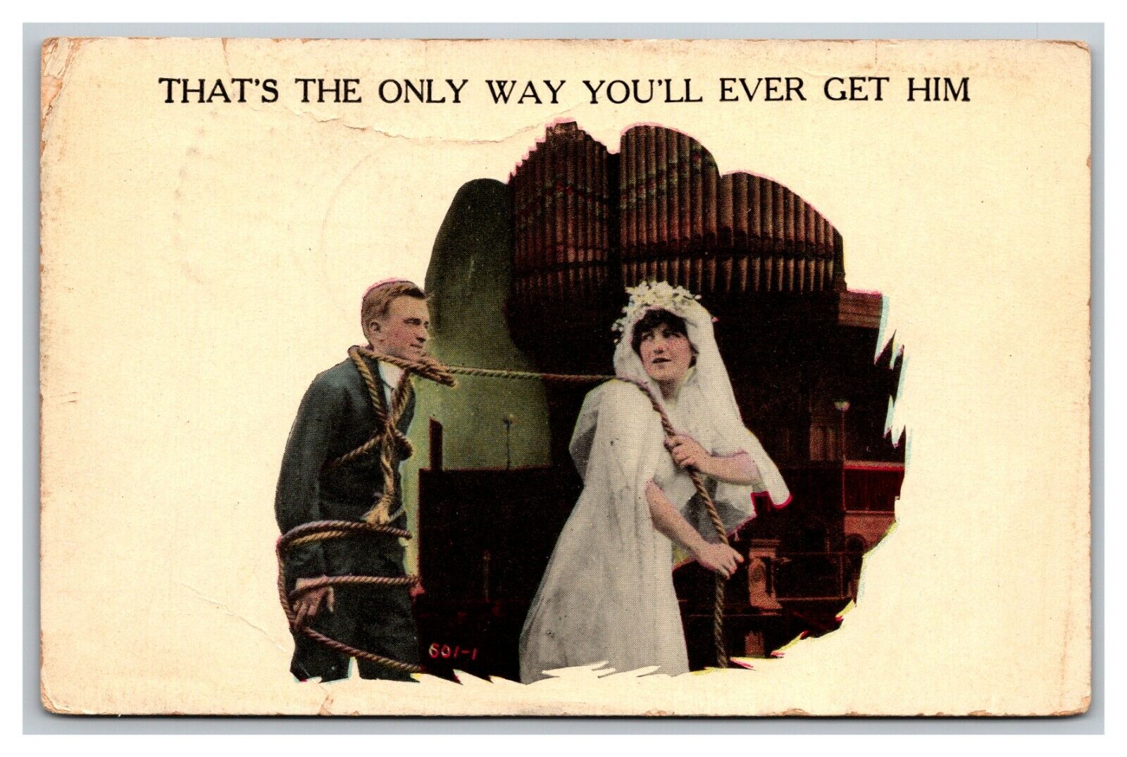 Vintage 1915 Humor Postcard Bride Dragging Groom to the Altar with Rope FUNNY