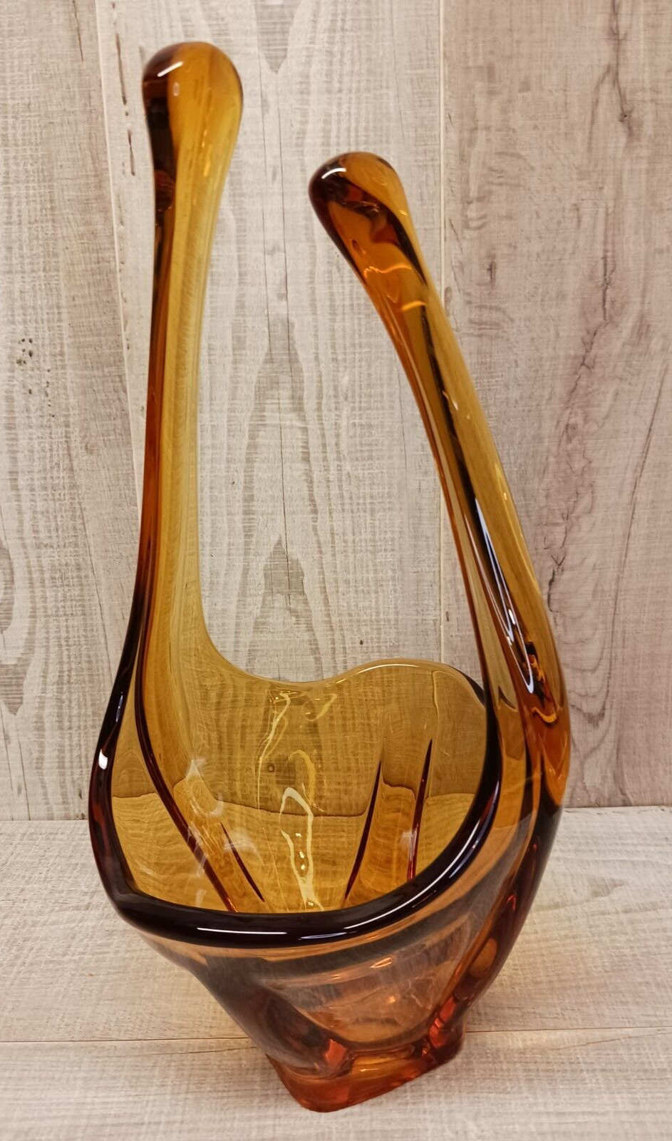 MCM Viking Art Glass Epic Open Vase-Basket Gold Amber Swung Stretched Handle