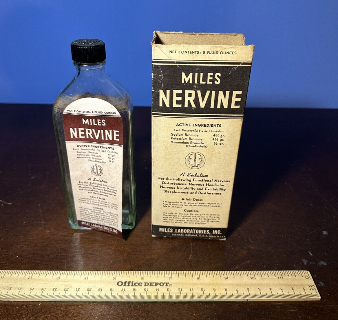 Vintage Miles Nervine Sedative Medication Drug Labeled Bottle & Box 8 oz