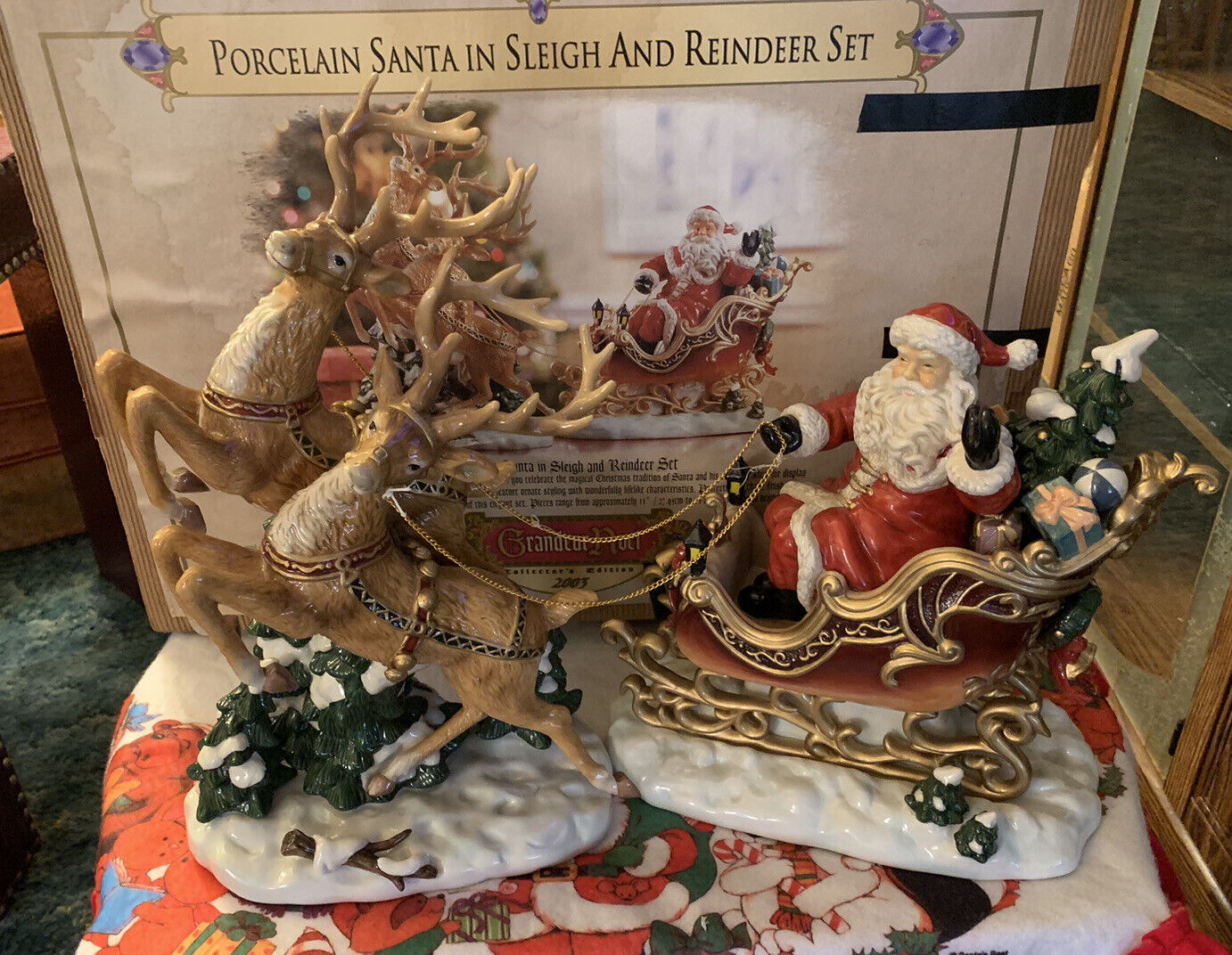 Grandeur Noel Porcelain Santa In Sleigh & Reindeer Set Collector\'s Edition 2003