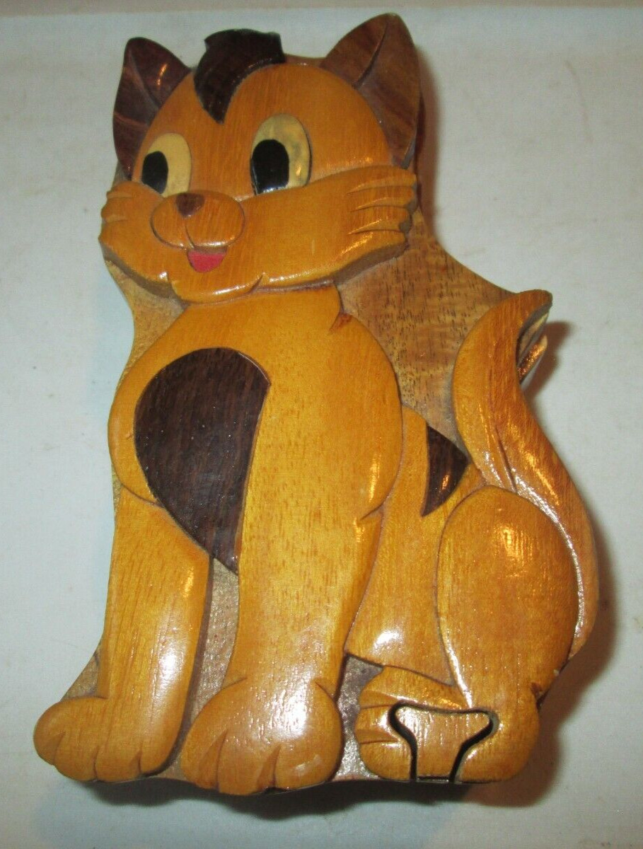 Vintage 3 PC ADORABLE CUTE Cat Kitten WOOD Wooden Puzzle Trinket Jewelry Box