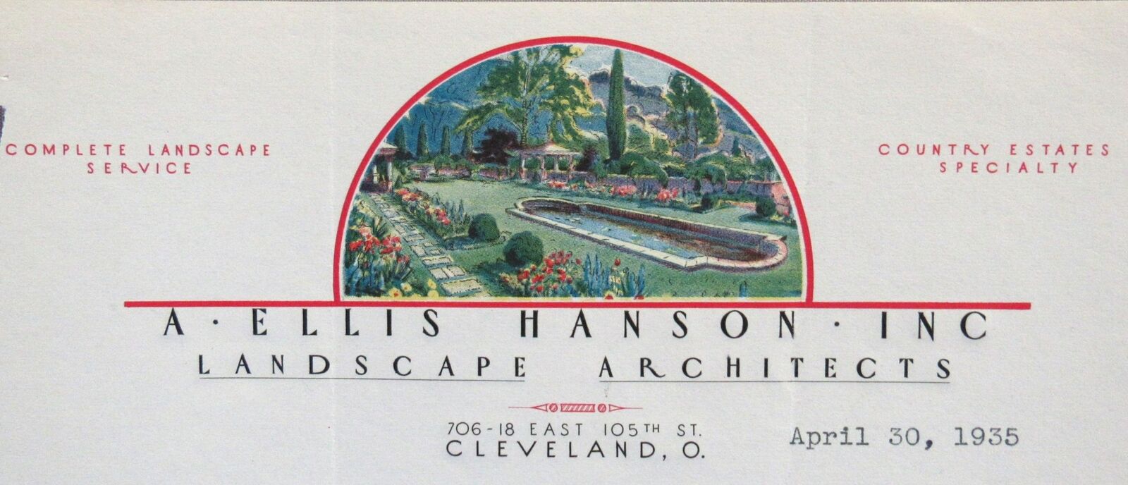 1935 A Ellis Hanson Landscape Architect Cleveland OH COLOR Letterhead Estate US