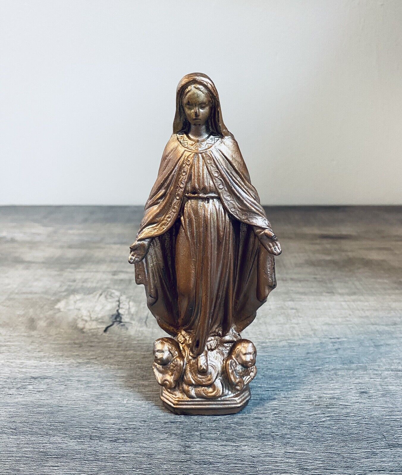 Vintage Metal Faux Copper / Plaster Statue of Blessed Virgin Mary with Open Arms