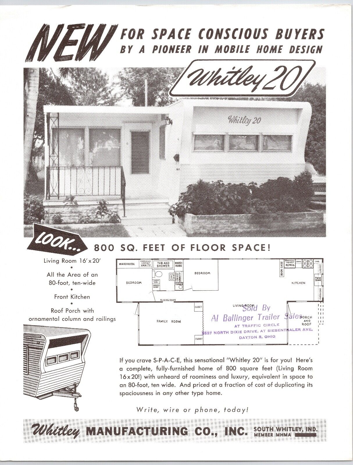 c1950s Whitley 20 Mobile Home Travel Trailer Brochure Indiana Retro Advertising