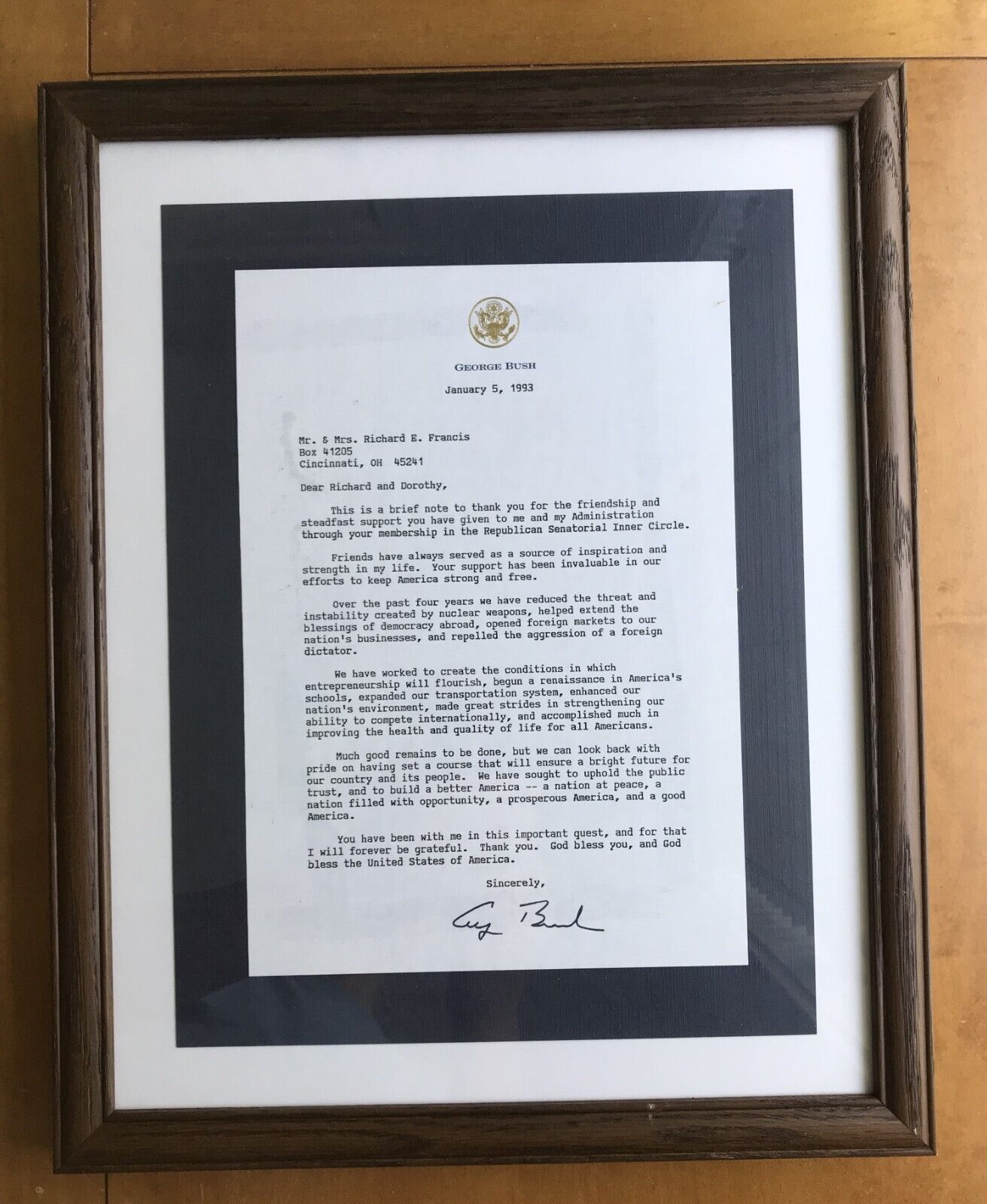 President George W Bush Printed Letter January 1993 To Mr. & Mrs. Francis