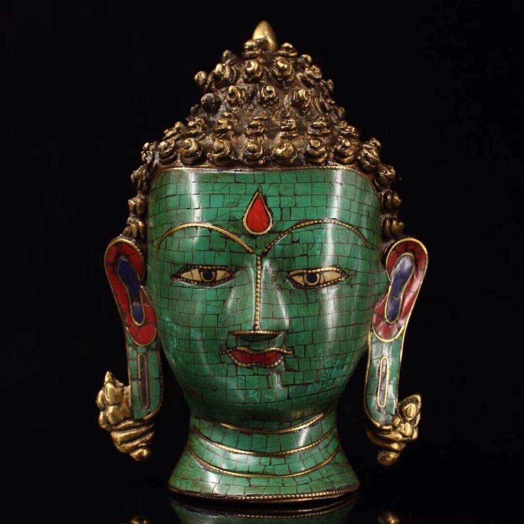 Chinese Tibetan Buddhism Old copper hand-made inlaid turquoise Sakyamuni mask