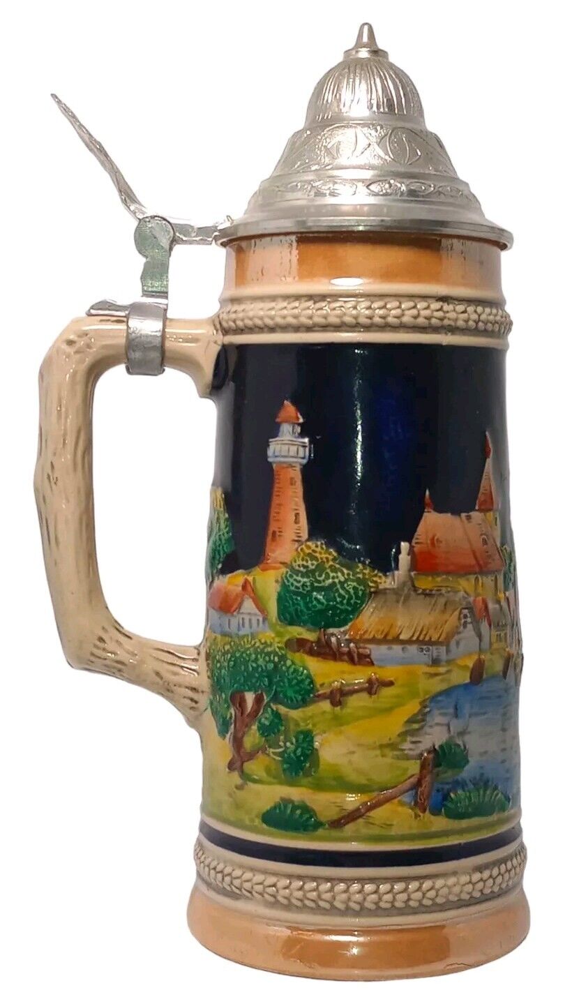 VINTAGE Ceramic Original Gerzit German Beer Stein Mug Lidded Windmill Lighthouse