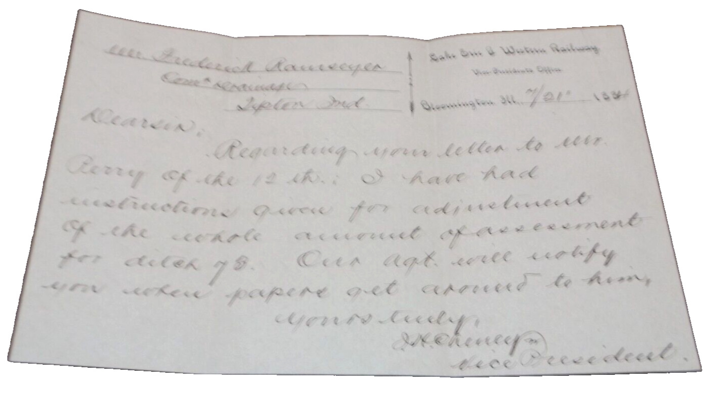 JULY 1884 LAKE ERIE & WESTERN RAILWAY LETTER + ENVELOPE BLOOMINGTON ILLINOIS