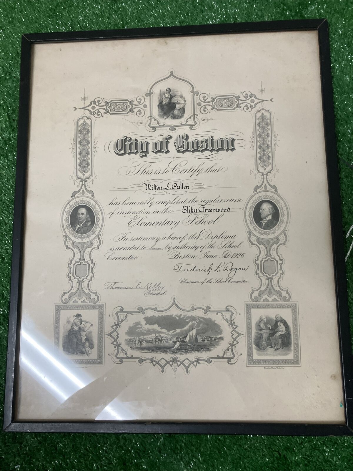 Antique 1926 City Of BOSTON Elementary School Diploma Framed Bank Note Co Signed