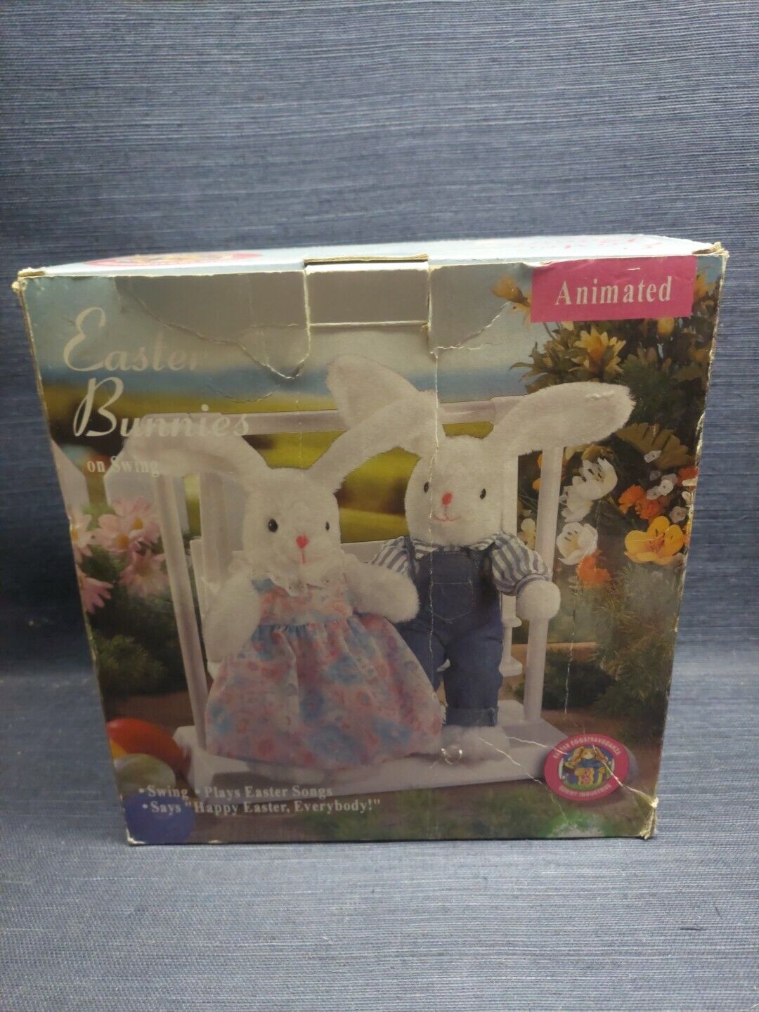 Easter Swinging Bunnies on Bench Swing Gemmy 1994 Rare HTF With Box READ