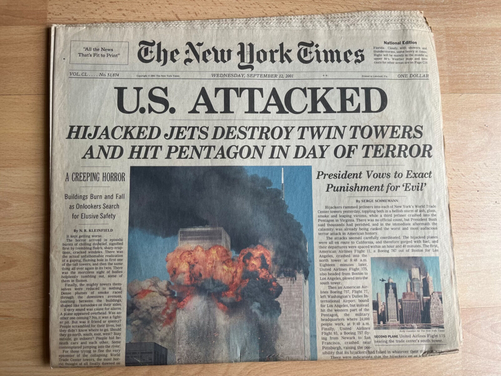 The New York Times National Edition U.S ATTACKED Newspaper Sept 12 2001- 9/11