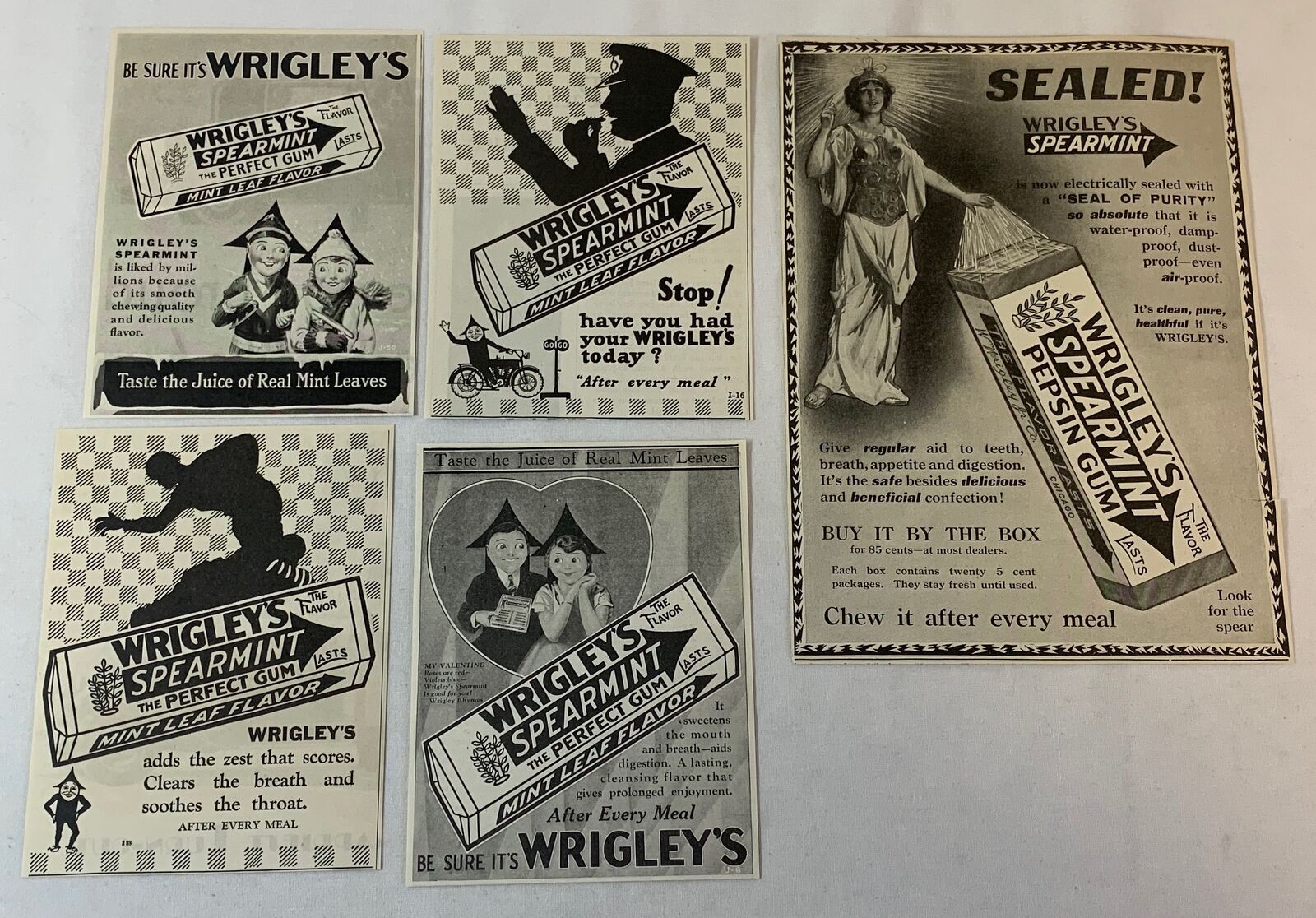 lot of five WRIGLEY\'S SPEARMINT GUM ads ~ 1914-1930