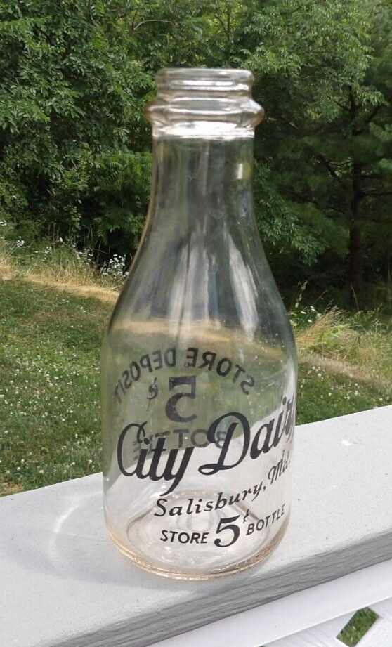 Vintage 1947 City Dairy Black Paint 5 Cent Store Quart Milk Bottle Salisbury MD