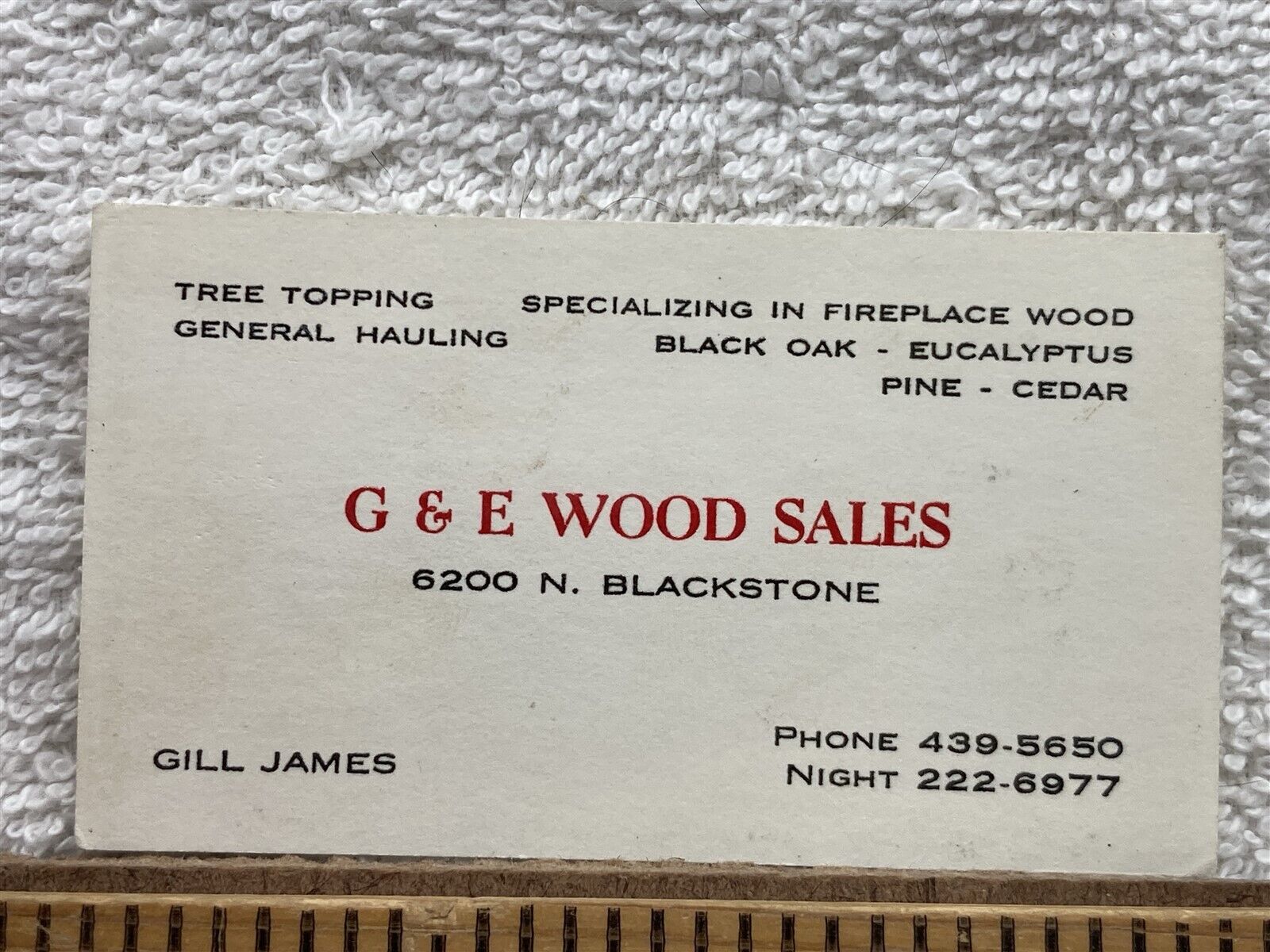 Vintage Business Card G&E Wood Sales Gill James Unknown Location California