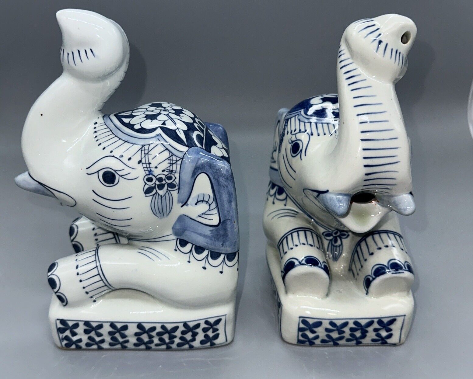 Pair of  Blue White Ceramic Asian Elephant Bookends Nora Fenton Designs
