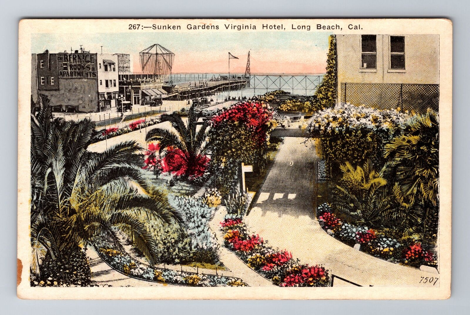 Long Beach CA-California, Aerial Sunken Gardens Virginia Hotel Vintage Postcard