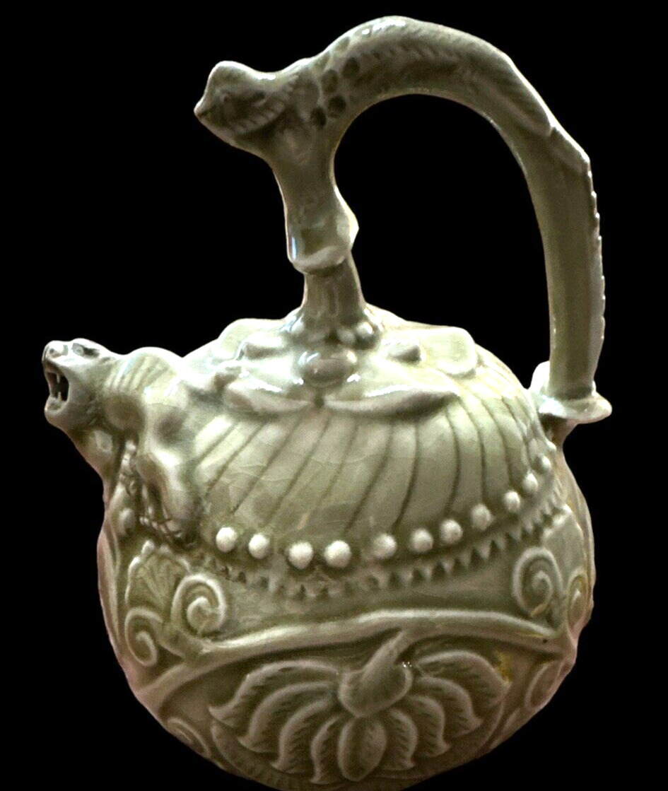 Vtg Chinese Celadon Mystery Puzzle Dragon Spout & Handle Small Teapot Tea Pot