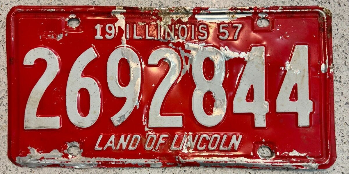 BARGAIN BIN 1957 Illinois License Plate Damaged #2692844 White on Red