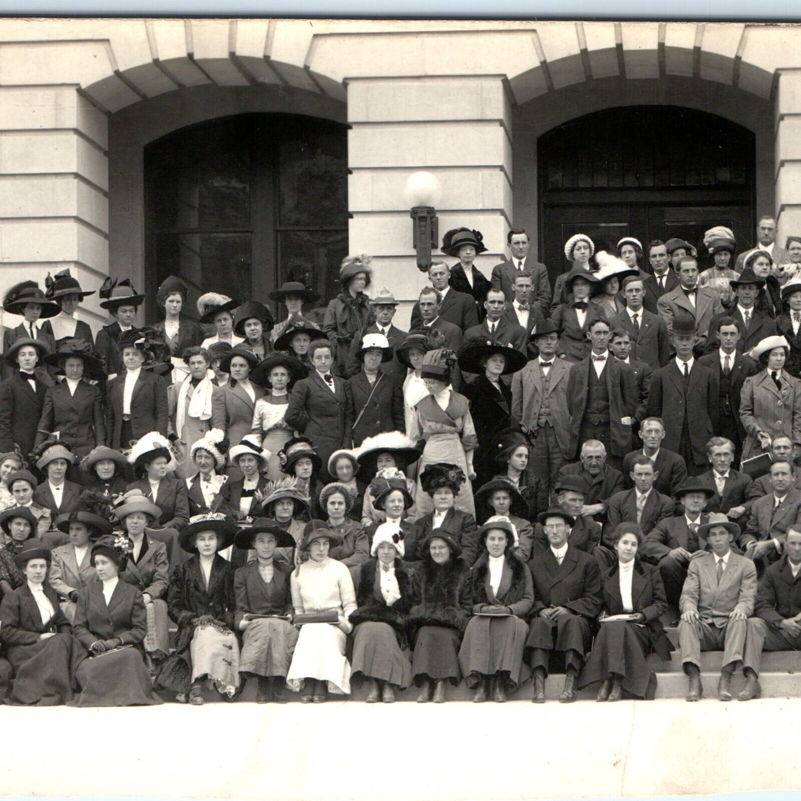 c1910s Huge Group Classy People RPPC Fashion Public Library Art Deco Photo A173