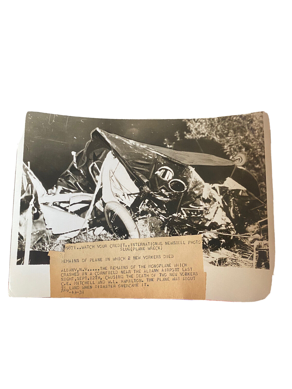 Vintage Aviation Press Photo ~ Plane Crash in Albany New York NY, Two dead 1931