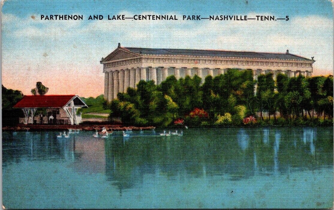 Nashville TN Tennessee Parthenon Lake Centennial Park Swans Vintage Postcard