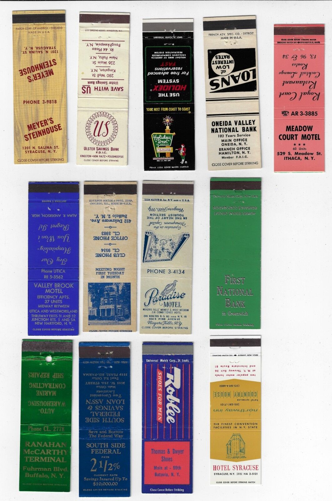 Lot of 13 FS Empty Matchbook Covers New York State Restaurants Hotels Bank Shops