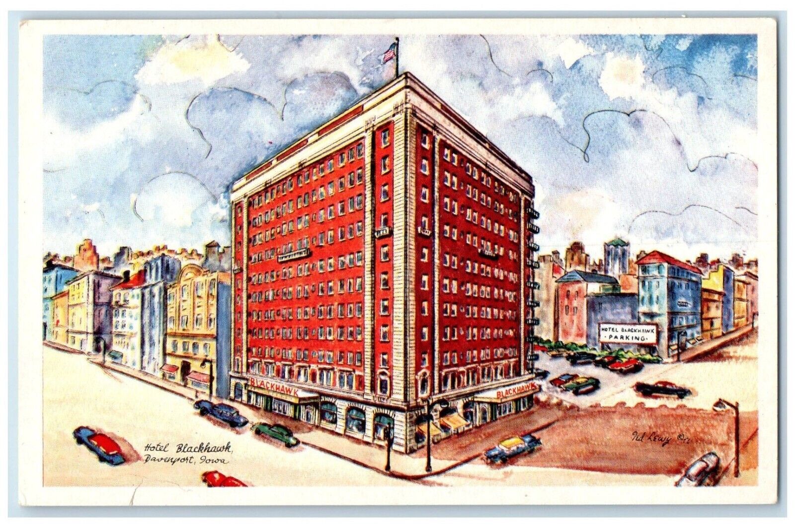 1956 Hotel Blackhawk Building Cars Street View Davenport Iowa IA Posted Postcard