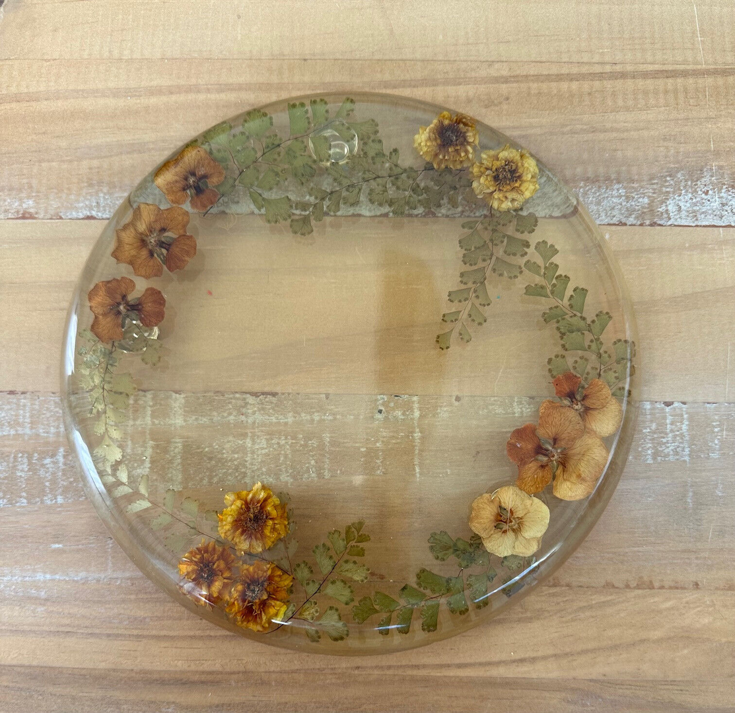Vintage Footed Pressed Dried Flower Lucite Trivet Capricia Creations 8”