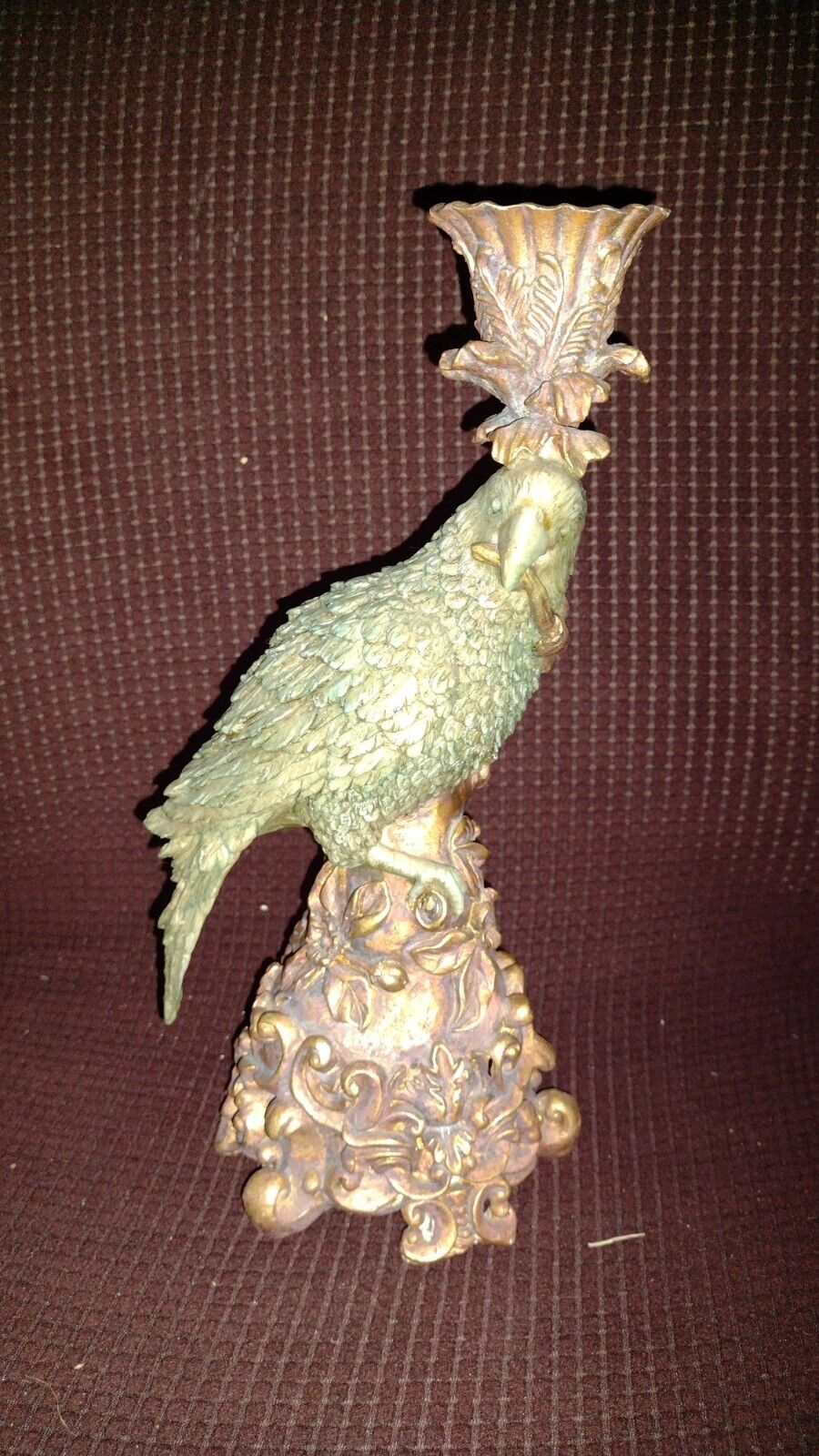 Vtg DICK HSIAO Signed Parrot Green Jade Gold 12” Candle Holder  vOTIVE RARE