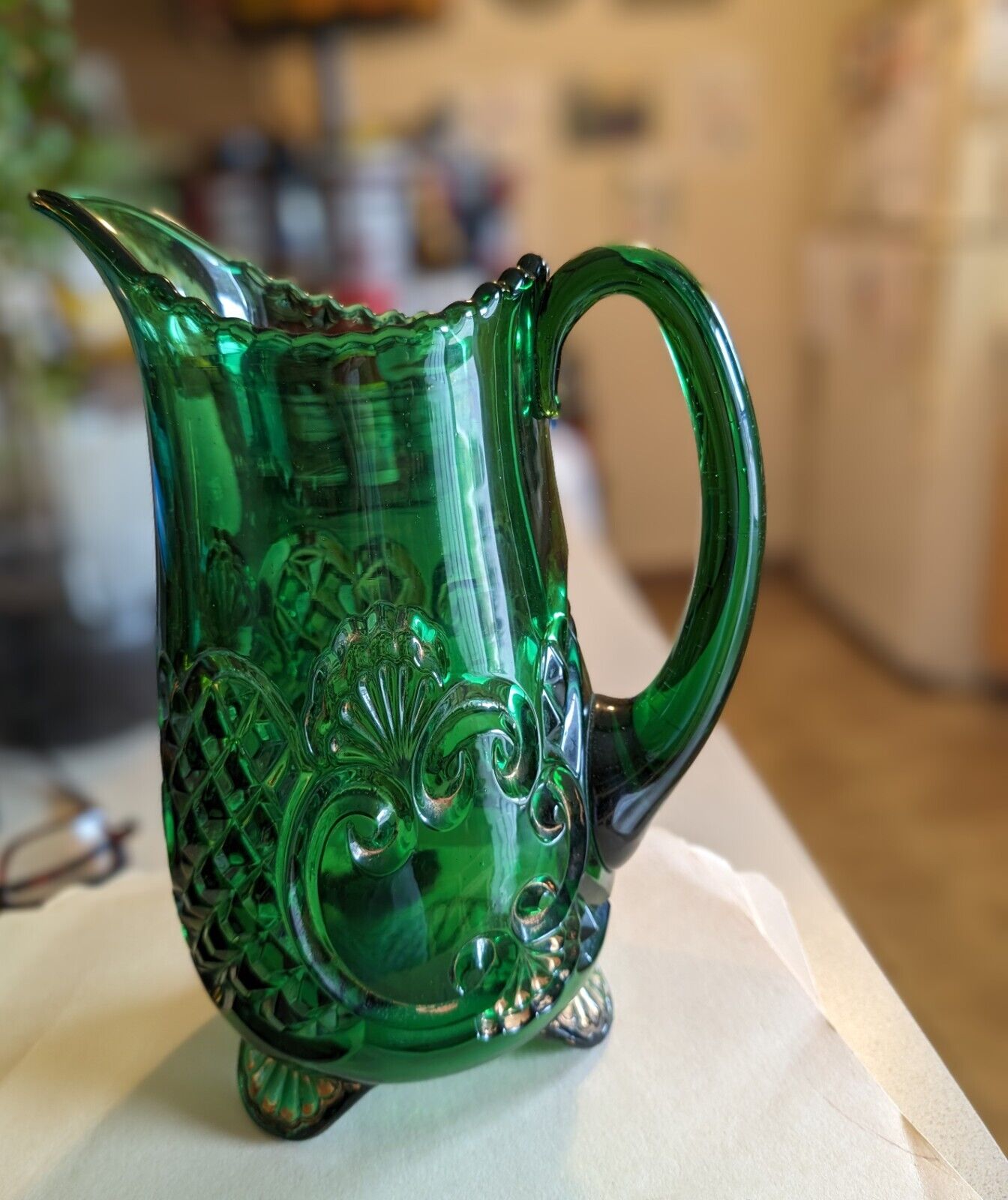 antique glass emerald green water pitcher vintage