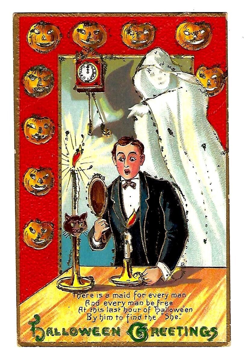 Early 1900\'s Halloween Postcard Butler Sees Ghost in Reflection, Embossed