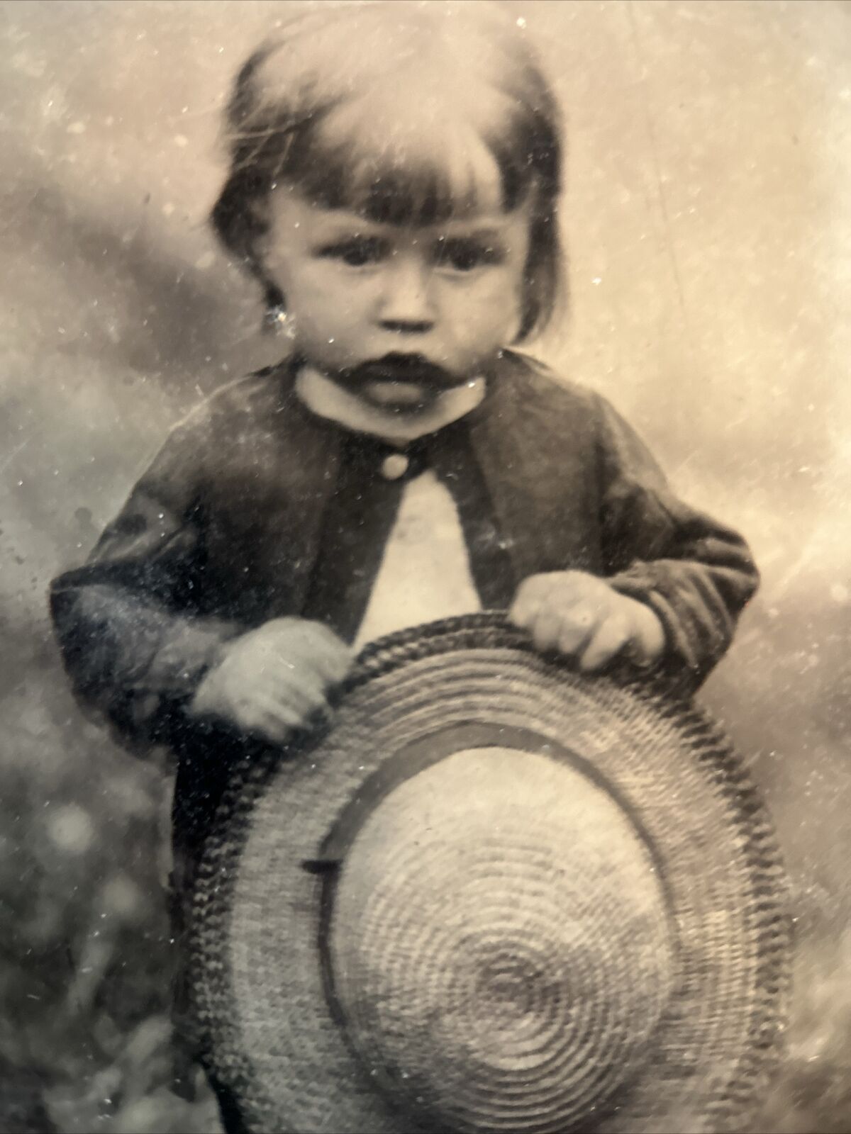 Circa 1860's  Large Tintype Photo of Toddler Holding Straw Hat