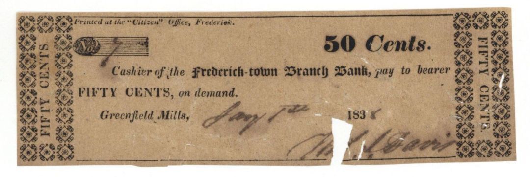 Frederick-town Branch Bank 50 Cents - Obsolete Notes - Paper Money - US - Obsole