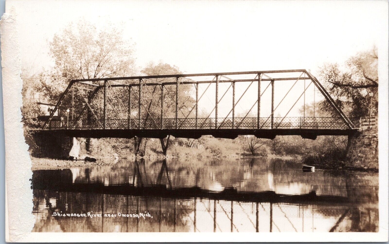 RPPC Shiawassee River Bridge, Owassa, Michigan- 1930-50 Photo Postcard