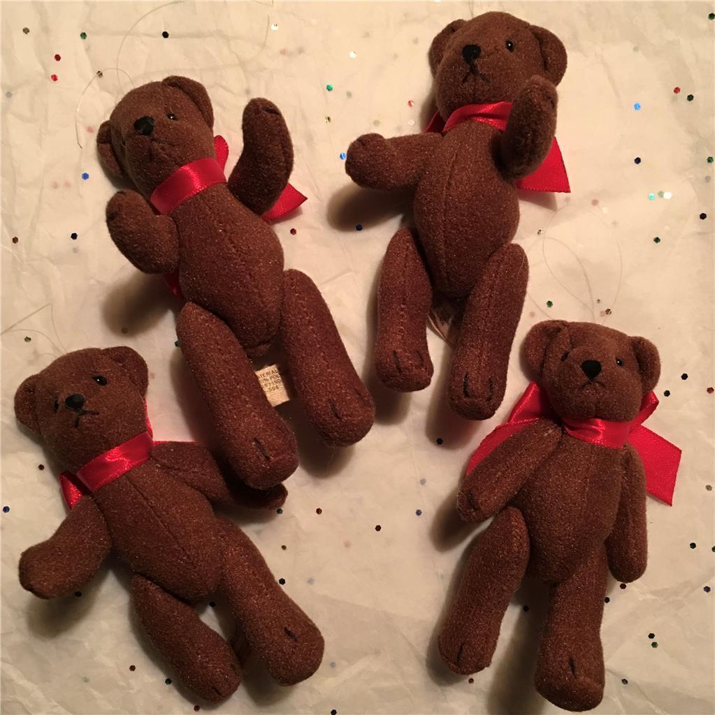 Vtg Dept 56 TEDDY BEAR Ornament Lot 4 Jointed Red Ribbon 4” Stuffed Animal Rare
