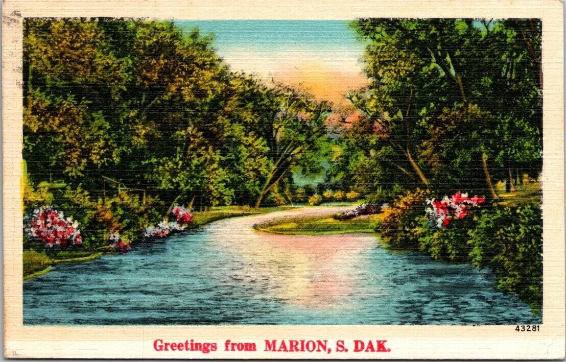 Marion SD Greetings South Dakota River Scene 1940s Linen postcard IQ18