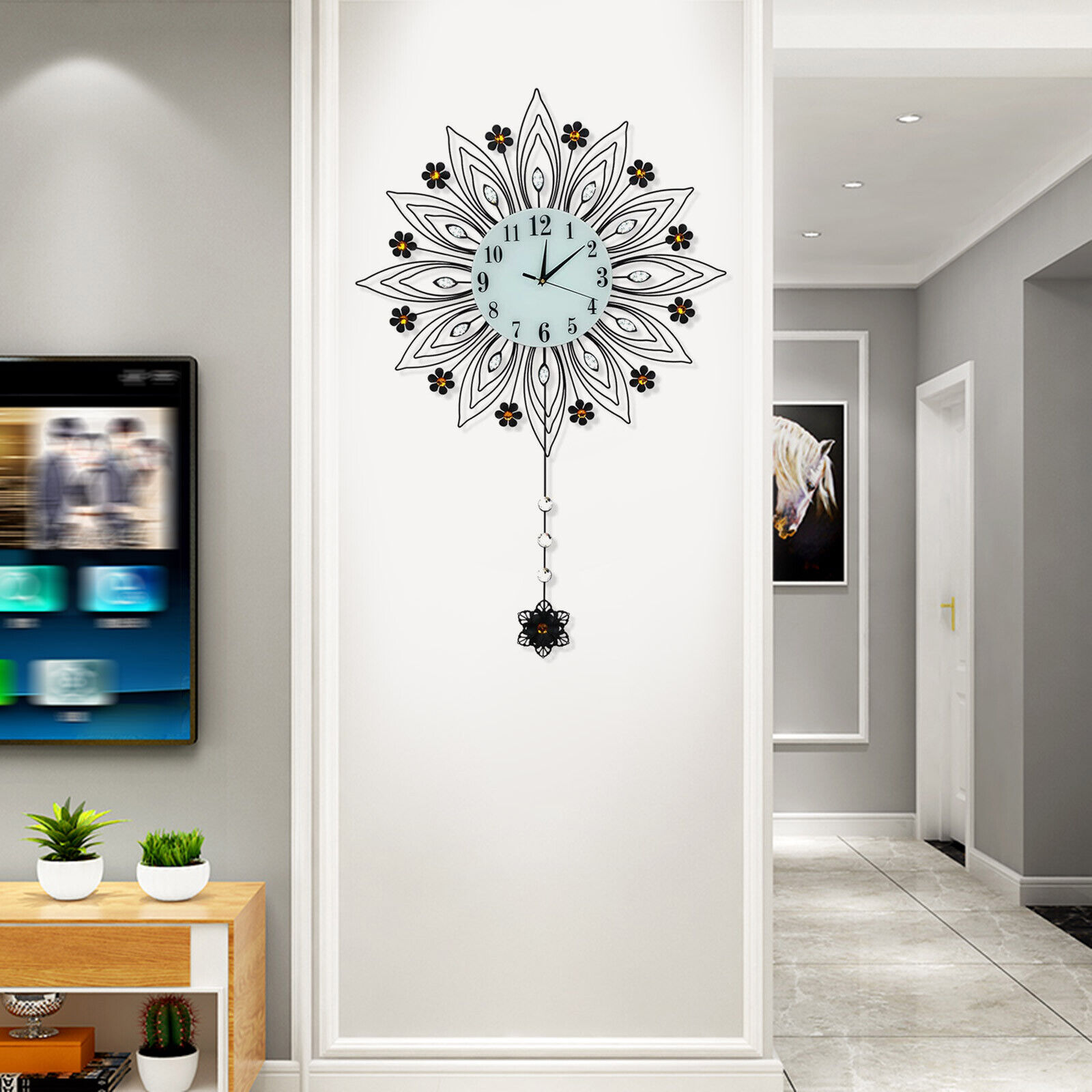 90x64cm Pendulum Clock Flower Shaped Wall Mount Modern Home Decor Art Clock