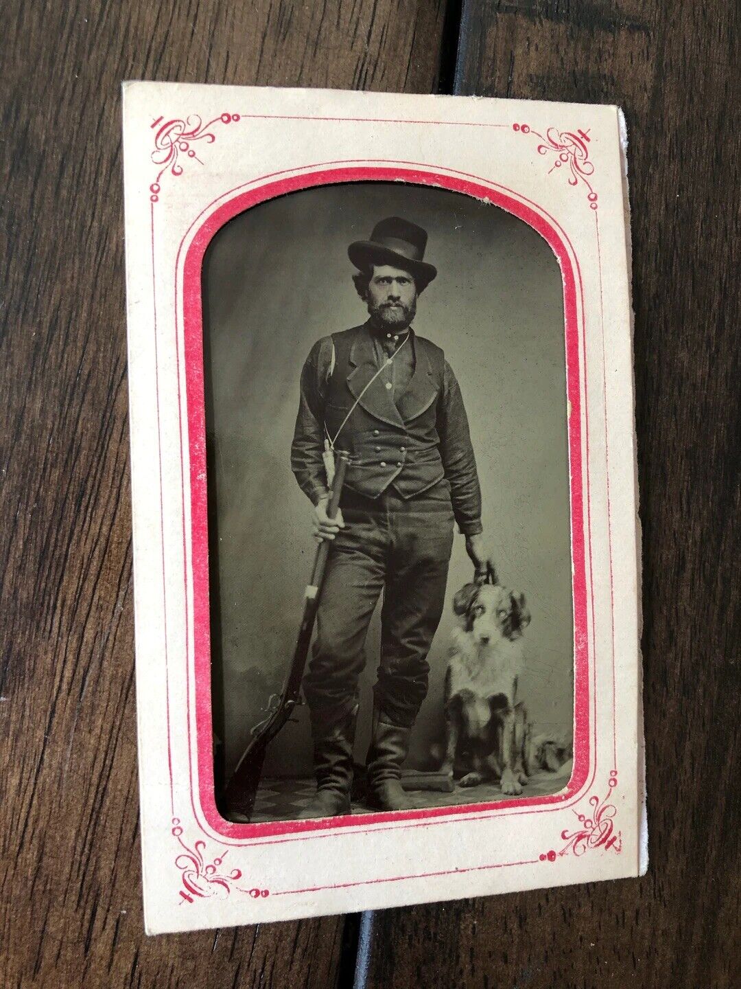 Excellent Armed Hunter with Hunting Dog & Shotgun, 1870s Tintype Photo