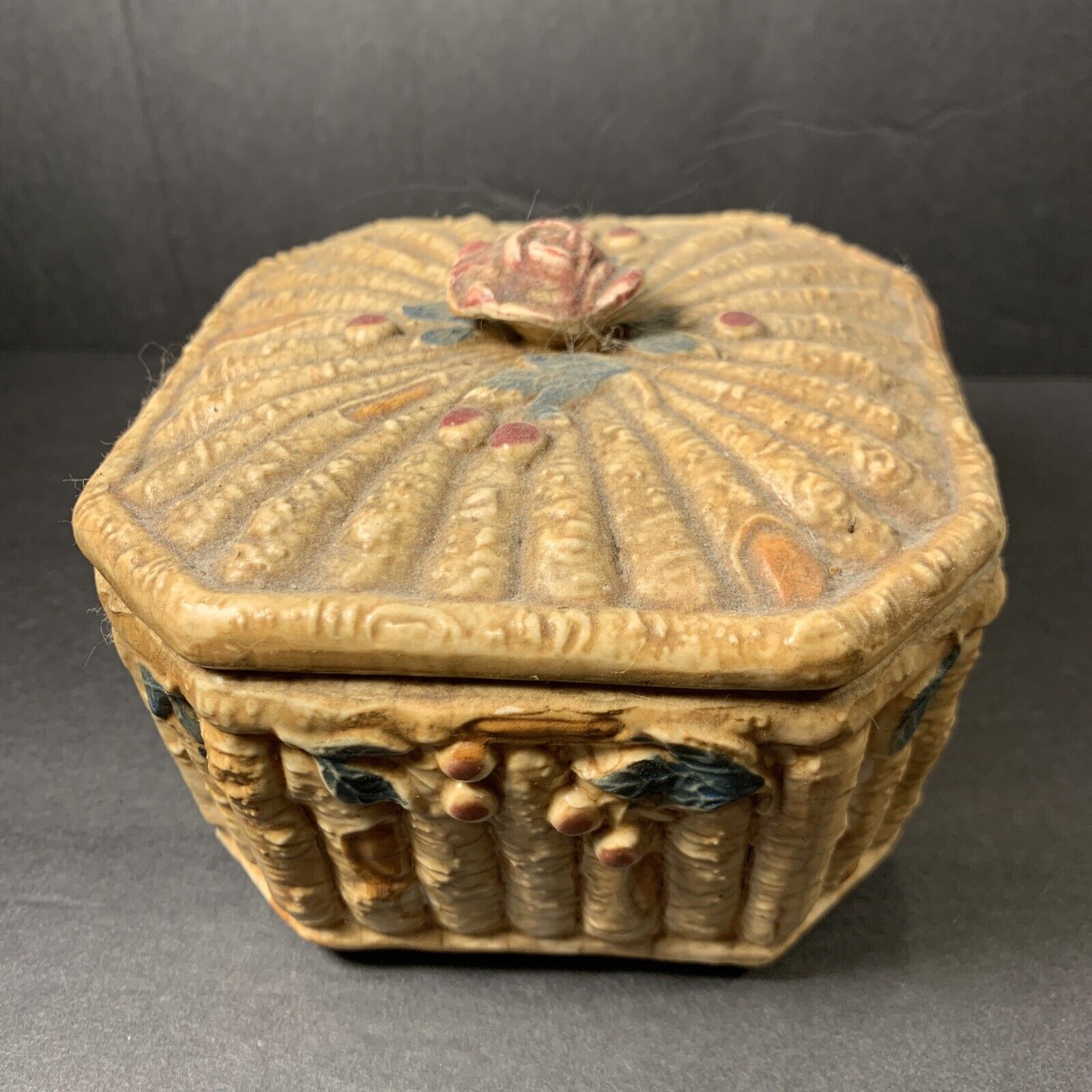 Antique Pottery Arts & Crafts ~Lidded “Basket Weave” Box~Trinket~Stash~Japan