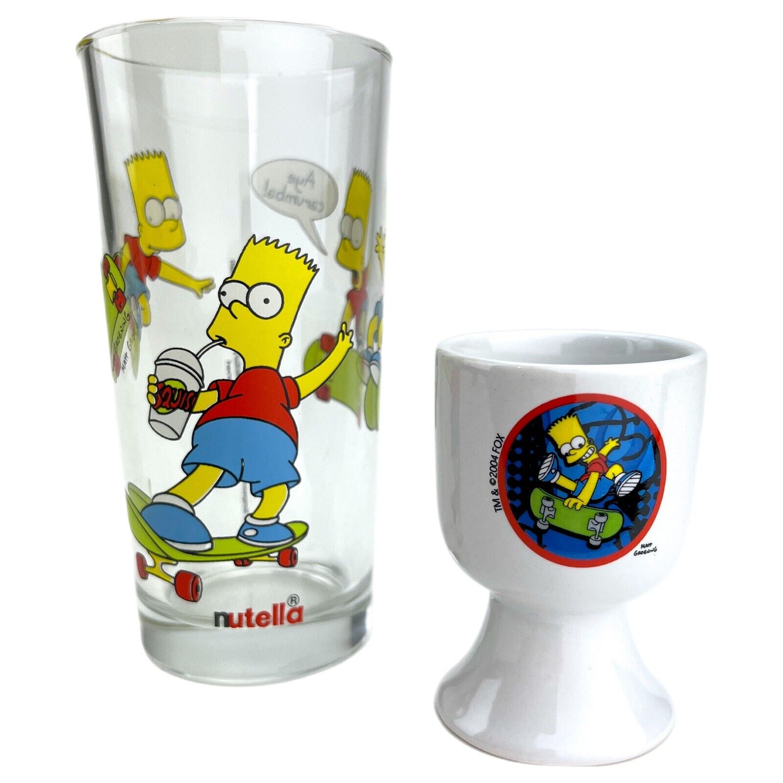 Bart Simpson 1998 Nutella Cup Skateboarding + 2004 Egg Cup Skating Simpsons Set