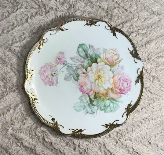Antique Three Crown China German Ceramic Plate - Scalloped Floral Gold 8.75\