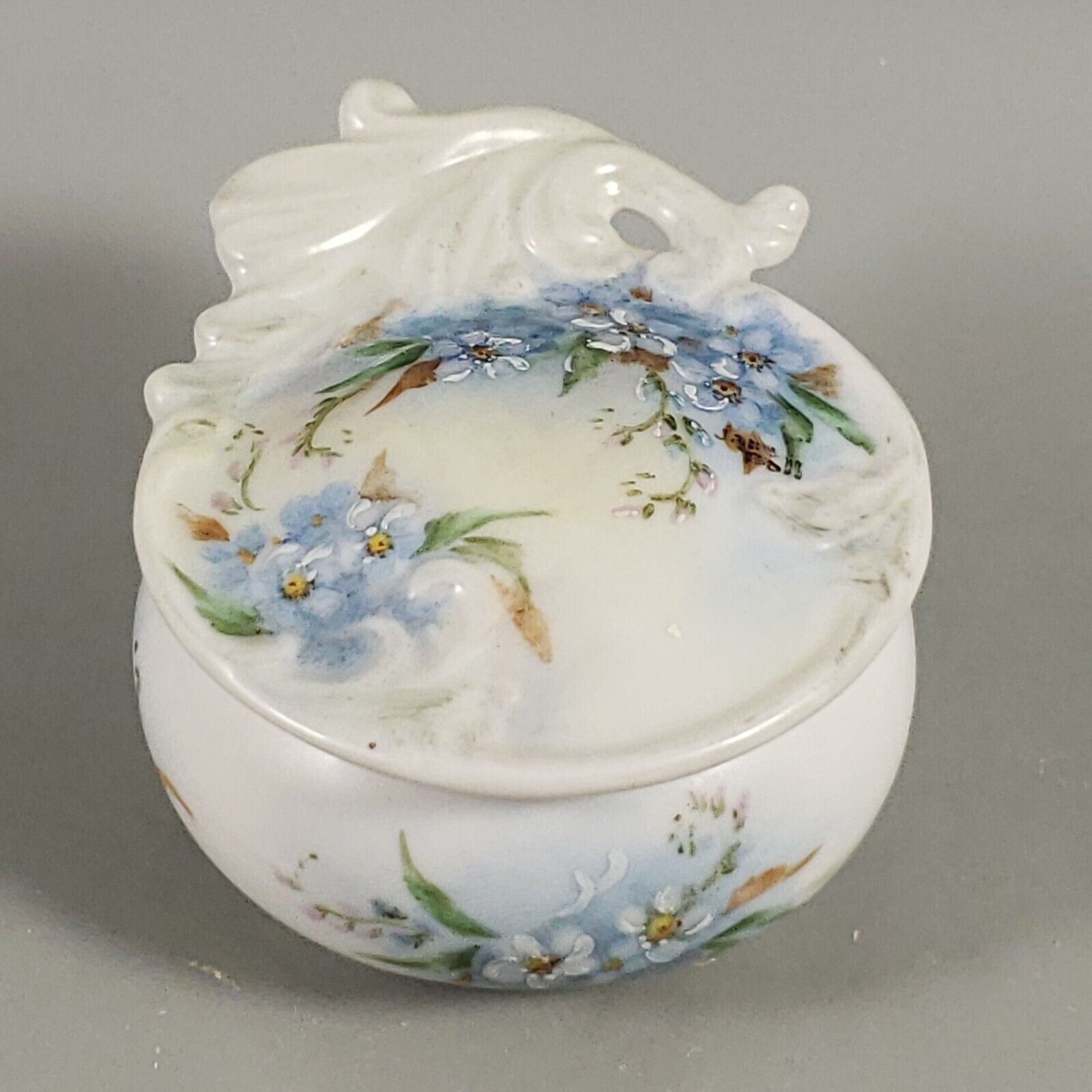 Vintage Antique Hand Painted Forget Me Not SIGNED Porcelain Jewelry Trinket Dish