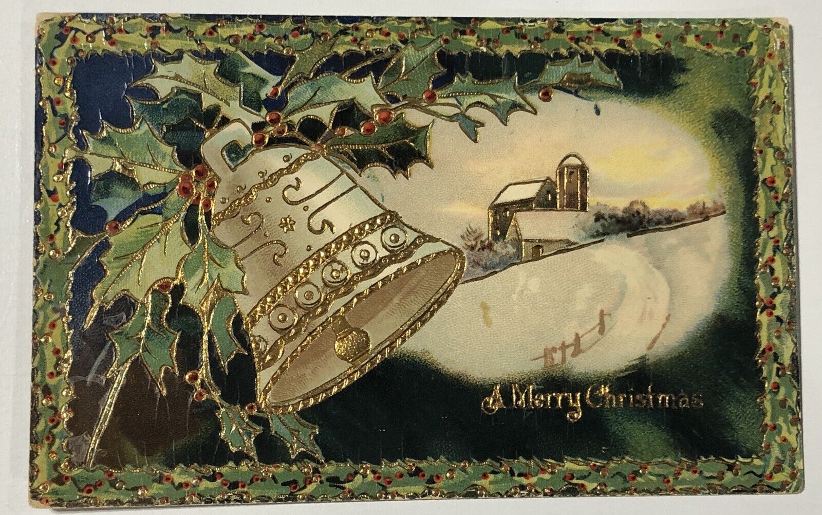 Vintage A Merry Christmas Greeting Postcard Divided Back Bell Holly Pastoral